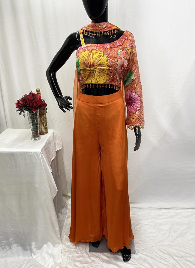 Chiffon Orange Party Wear Sequins Work Readymade Indo Western